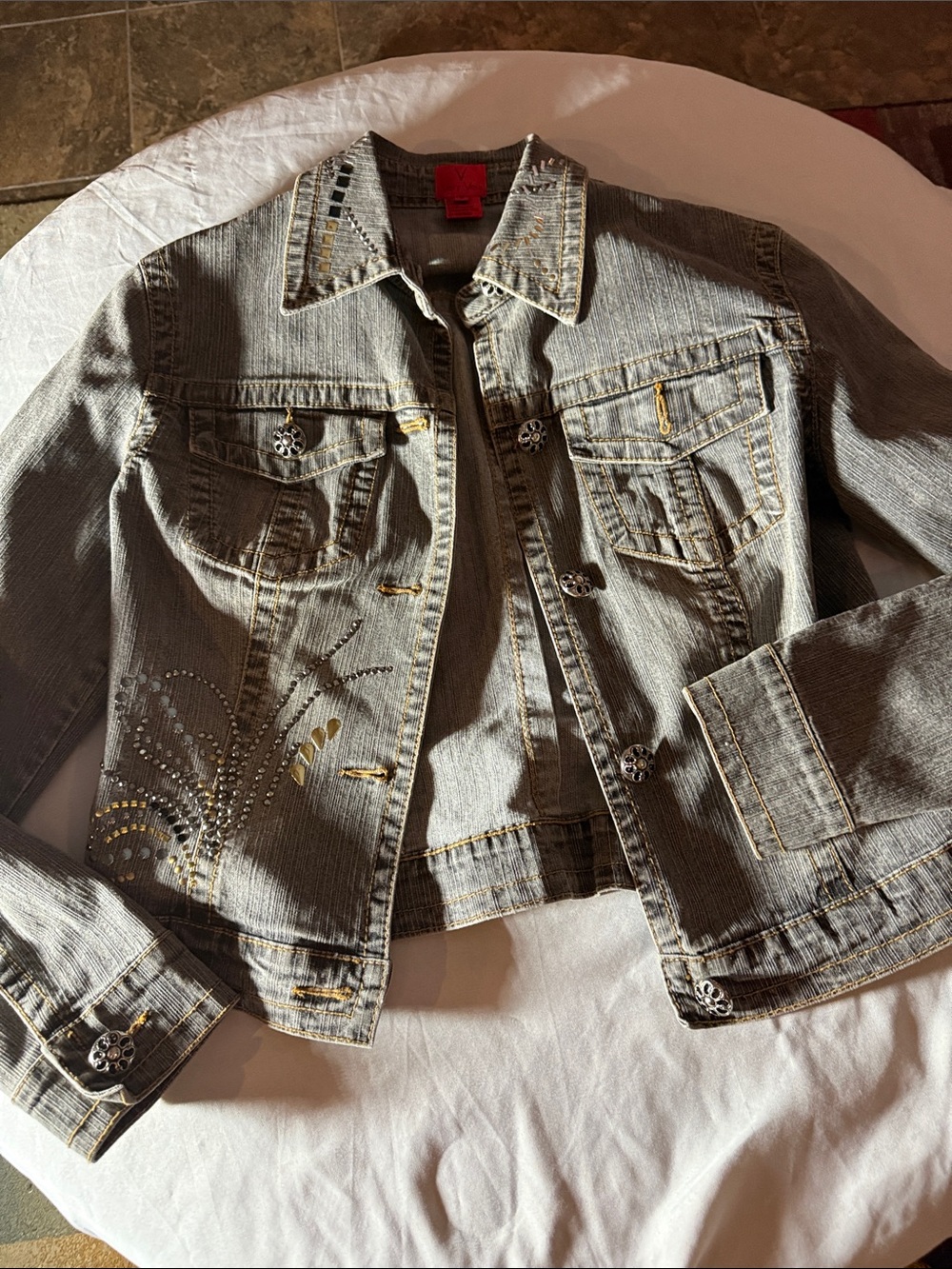 Very Very Bling Embellished Gray Denim Jacket with Stud Details